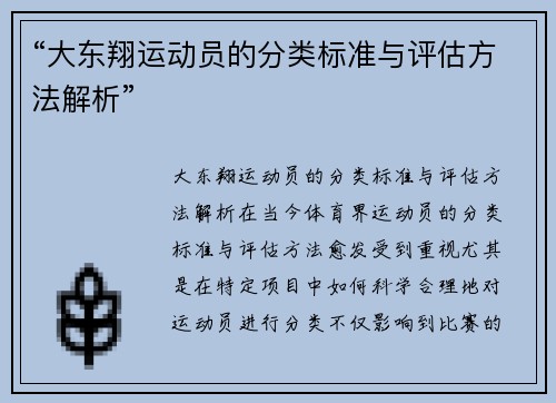 “大东翔运动员的分类标准与评估方法解析”